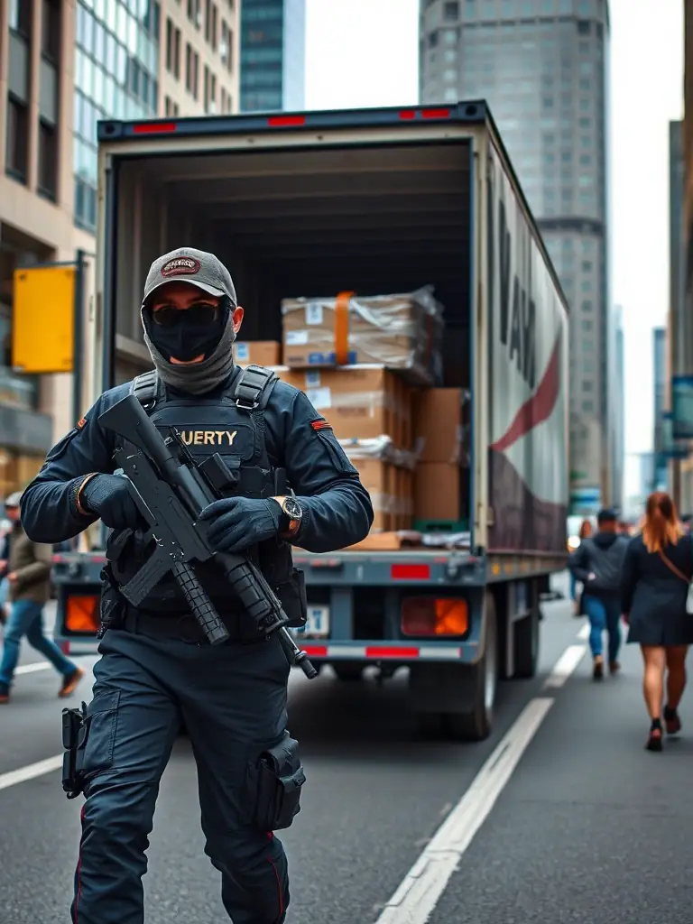 Two security guards in tactical gear carefully escort a truck carrying valuable goods through a busy city street, ensuring the safe and secure transport of assets.