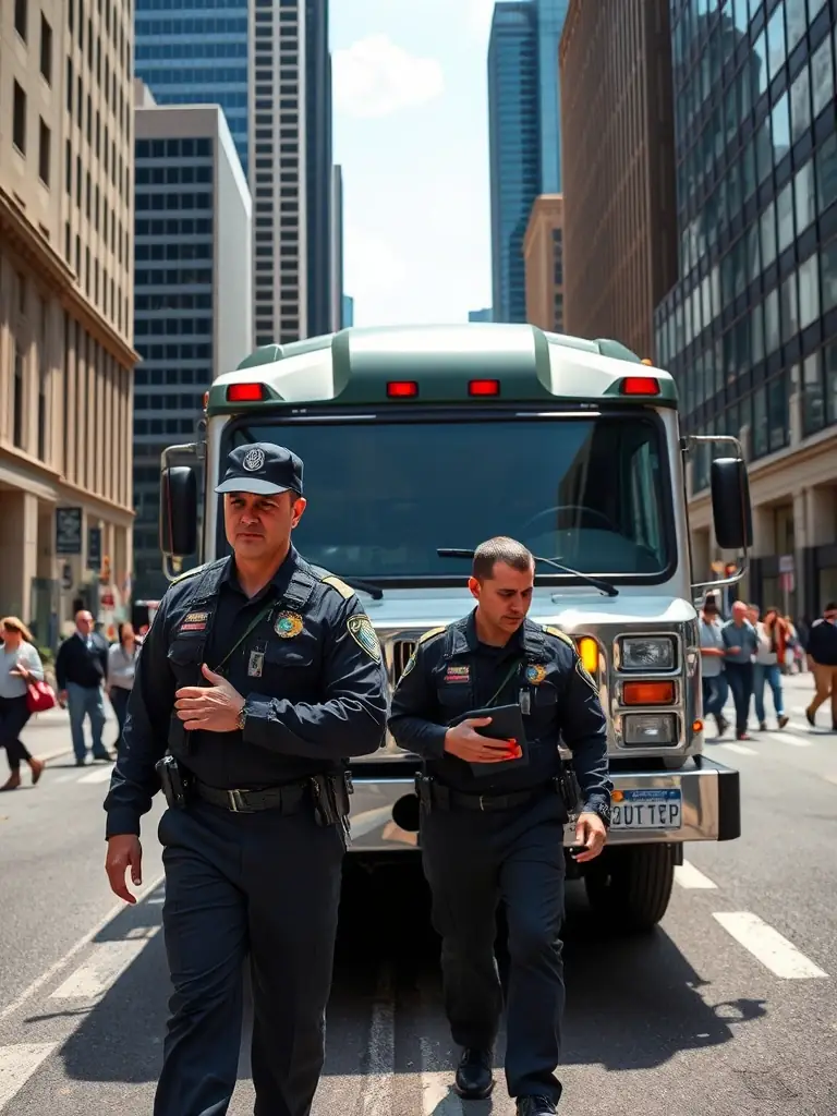 Two uniformed security guards carefully escort an armored truck carrying valuable assets through a busy city street, highlighting AMG Security's high-value asset escorting service.