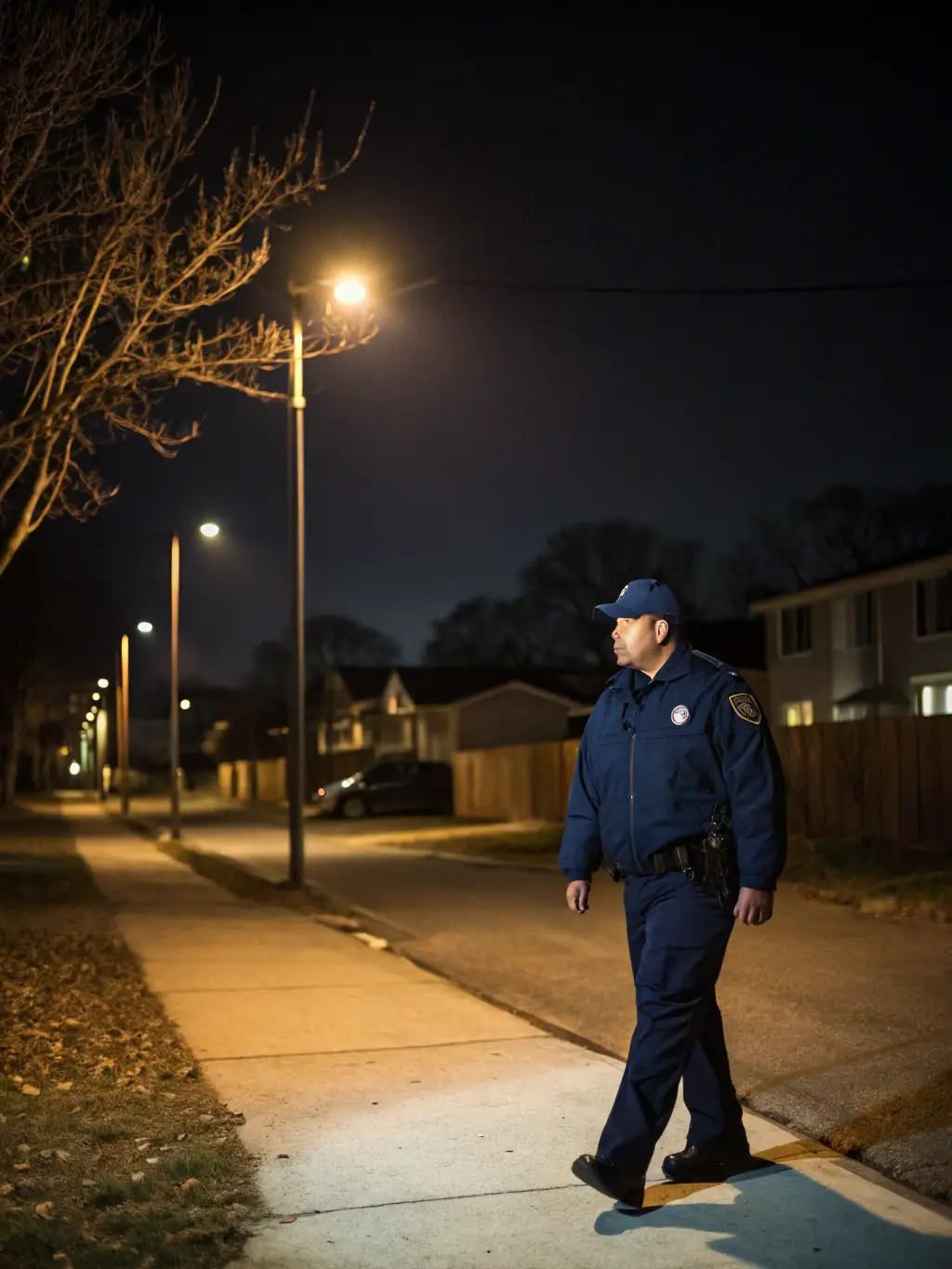 A security guard patrols the perimeter of a large, luxurious estate at night, with security cameras visible in the background, ensuring comprehensive estate security.