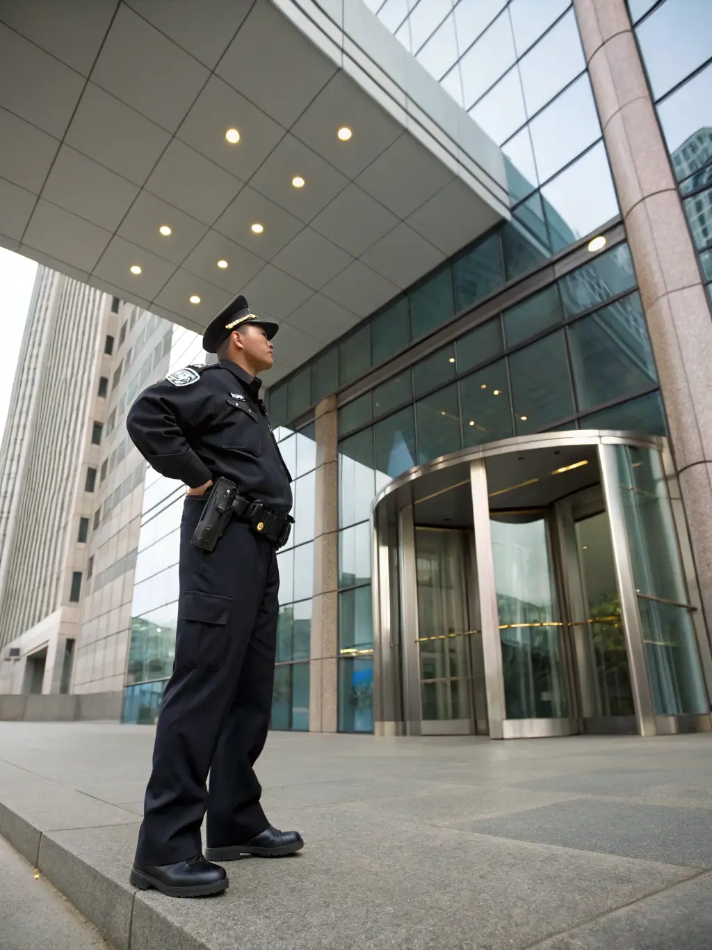 A uniformed security guard stands watch at the entrance of a commercial building, providing a visible security presence, representing AMG Security's general guarding services.