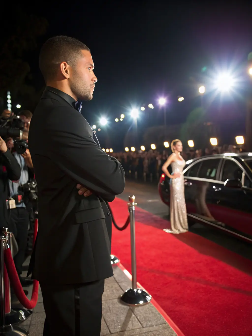 A sharply dressed bodyguard in a suit stands attentively near a luxury car, ensuring the safety of a VIP exiting the vehicle. The scene conveys professionalism and discreet protection.
